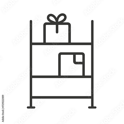 Minimalist line art delivery rack icon in black and white, simple monoline style, warehouse storage and shipping concept