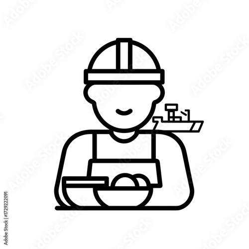 Minimalist line art dock worker icon in black and white, simple monoline style, harbor labor and cargo shipping concept