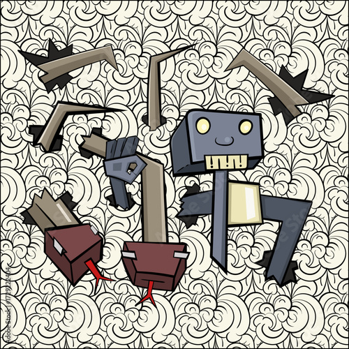 a very simple drawing of a snake and a robot in a sinking style
