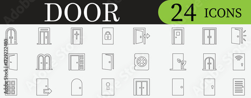 Door, lock, padlock, key, security, access, entry, exit icons for home, office, apartment, modern architecture, vector, outline, minimal design