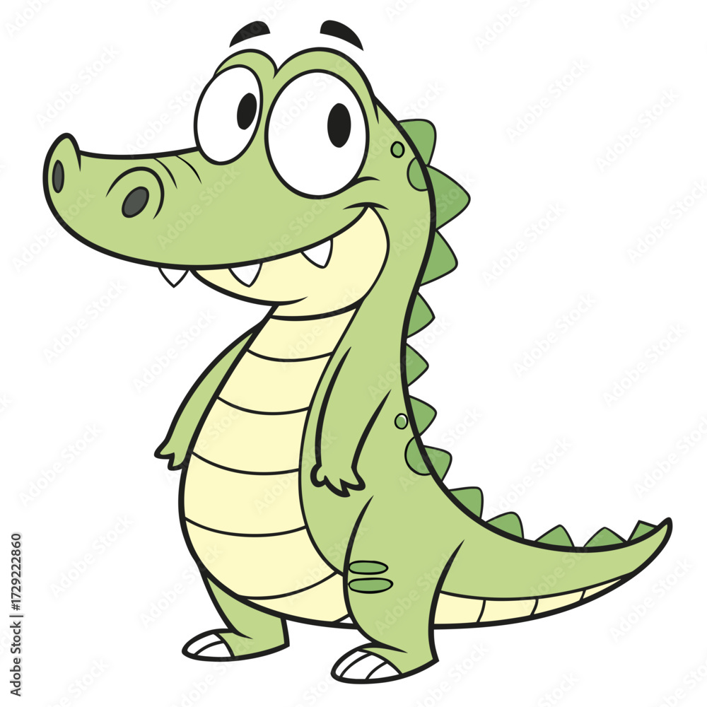 Fototapeta premium A happy cartoon alligator with big eyes and a wide smile stands on a white background