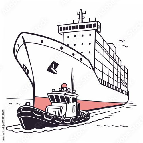A large container ship being guided by a smaller tugboat in the ocean water