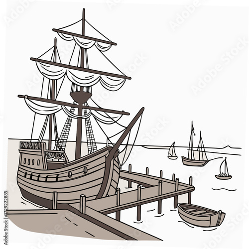 A large historical sailing ship docked at a wooden pier with smaller boats in the background