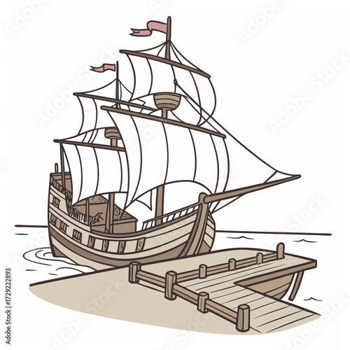 A vintage sailing ship with white sails docked at a wooden pier on a calm sea