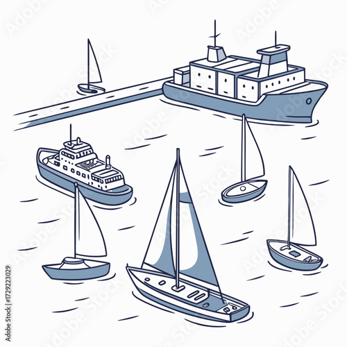 Collection of various boats and ships including sailboats and ferries sailing on the water