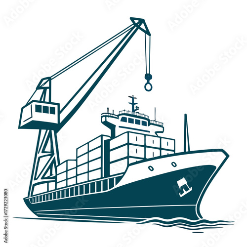 Container ship being loaded by a large industrial crane at a busy port with white background