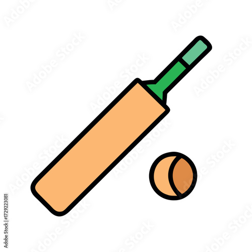 Cricket Bat and Ball Icon Vector, Flat Sports Equipment Illustration, Cricket Game Symbol Graphic Design, Outdoor Sports Bat and Ball Icons, Minimal Cricket Tools Vector Set