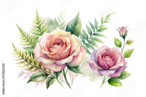 Watercolor Vintage Floral Illustration with Roses and Fern