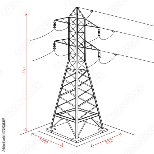 Detailed isometric line drawing of a tall electricity pylon with dimensions indicated