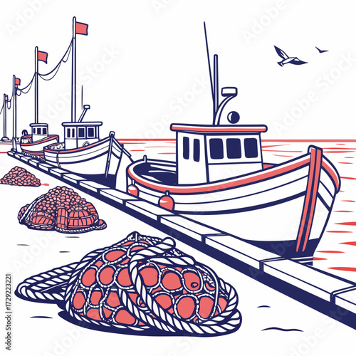 Fishing boats docked at a pier with nets and buoys on a clear day with seagulls flying