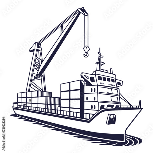 Illustration of a cargo ship with a crane loading shipping containers at sea
