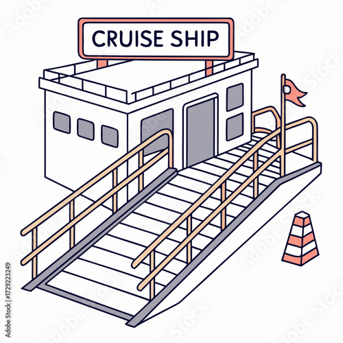 Illustration of a cruise ship terminal building with a gangway leading to the entrance and a traffic cone nearby