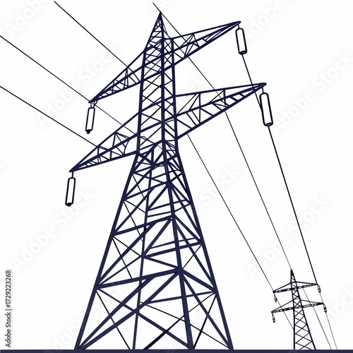 Illustration of a tall electricity pylon with power lines stretching across a white background