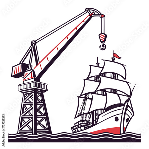 Industrial crane lifting a vintage sailing ship in a stylized port with waves