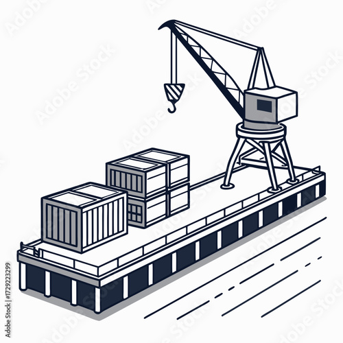 Industrial crane loading shipping containers onto a barge at a busy port terminal