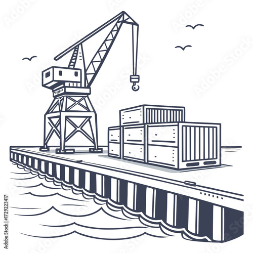 Industrial shipping crane and cargo containers on a pier beside wavy water with birds flying