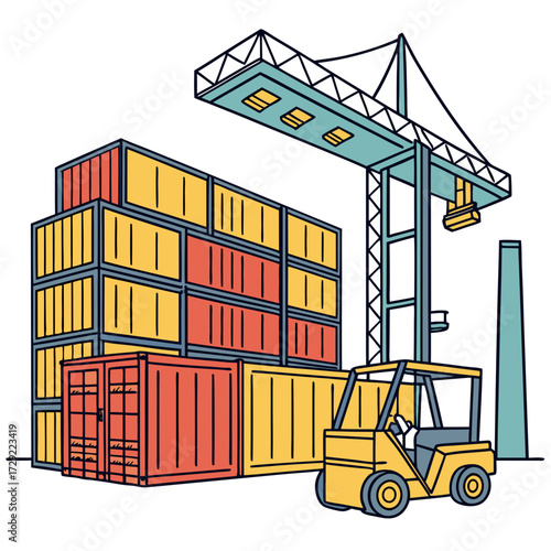 Industrial port scene with stacked shipping containers a large crane and a forklift truck