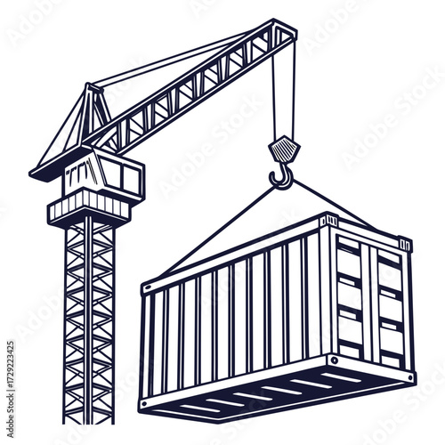 Industrial tower crane lifting a shipping container in a stylized line art illustration