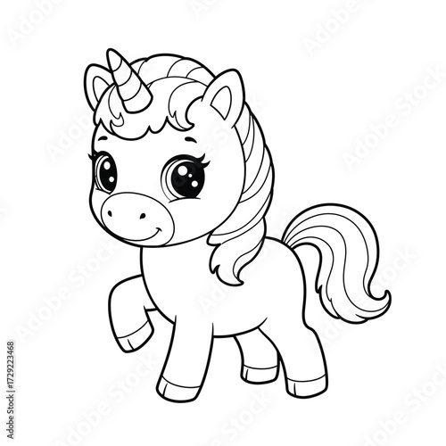 Cute cartoon unicorn with curly mane on a white background. EPS 10.