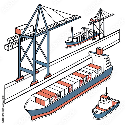 Isometric illustration of a busy shipping port with container ships and cranes loading and unloading cargo