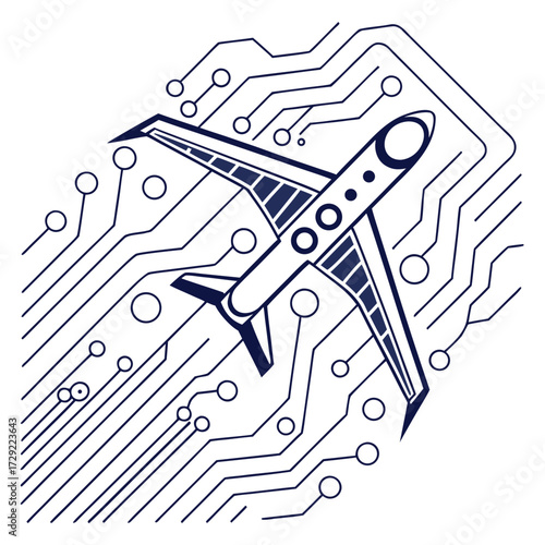 Modern airplane integrated into a digital circuit board representing aviation technology and connectivity