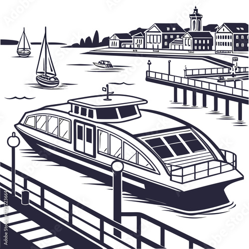 Modern passenger ferry docks at a scenic waterfront town with sailboats and a pier