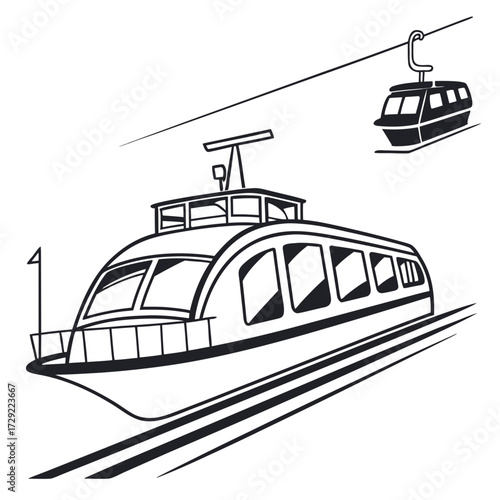 Modern monorail train and cable car traveling on separate tracks against a white background