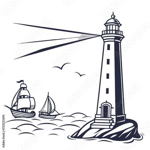 Nautical scene with a tall lighthouse guiding two sailing ships across a wavy ocean with birds flying
