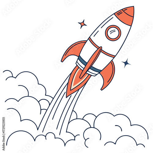Retro style cartoon rocket blasting off into the sky with smoke and stars