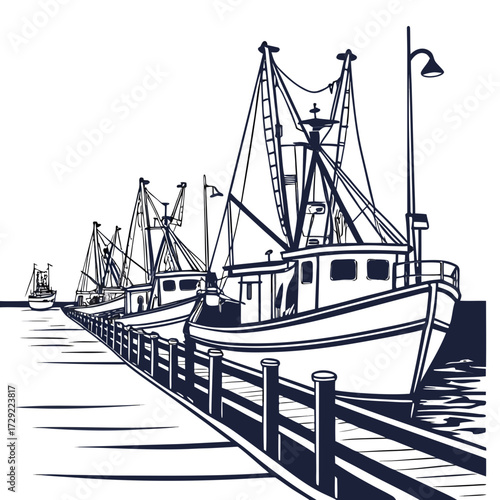Row of docked fishing trawlers with tall masts and rigging lined up along a wooden pier