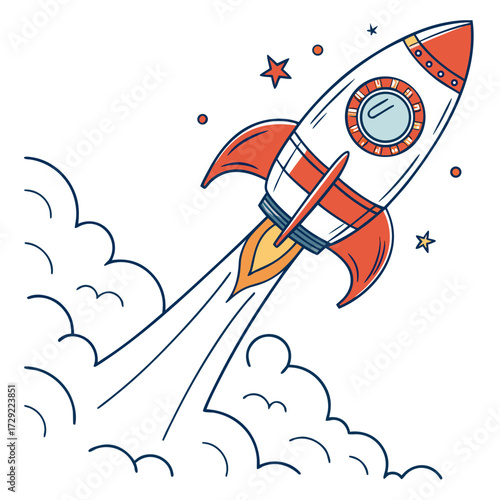 Retro style cartoon rocket blasting off into space leaving a trail of smoke and stars