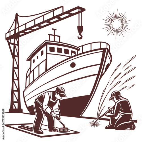 Shipyard workers build and repair a large vessel using a crane and welding equipment in a stylized illustration