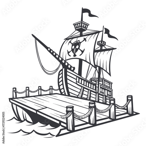 Stylized black and white illustration of a pirate ship docked at a wooden pier with skull and crossbones flag