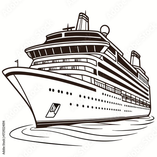 Stylized black and white illustration of a large passenger cruise ship sailing on calm water