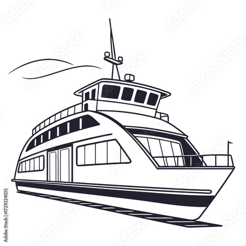Stylized black and white line art illustration of a modern passenger ferry boat sailing on water