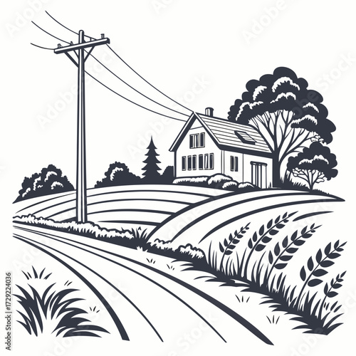 Stylized black and white illustration of a rural landscape with a house fields and a utility pole
