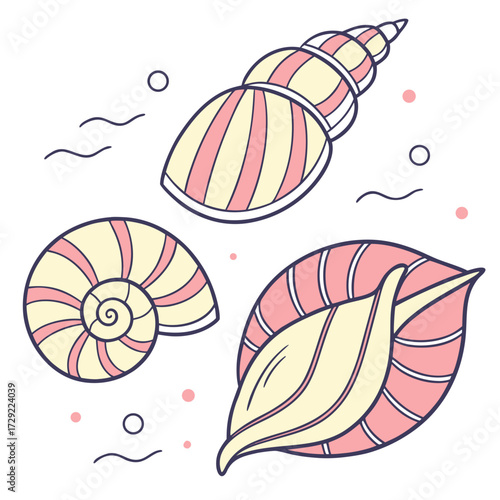 Stylized collection of three colorful seashells with a pastel pink and yellow striped pattern on a white background