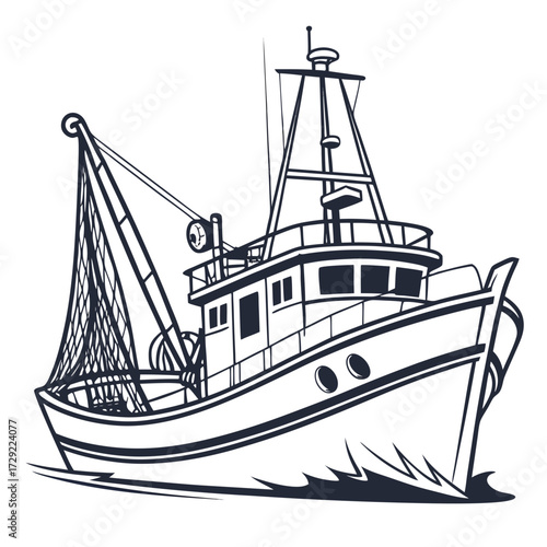 Stylized illustration of a fishing trawler boat with nets and equipment at sea