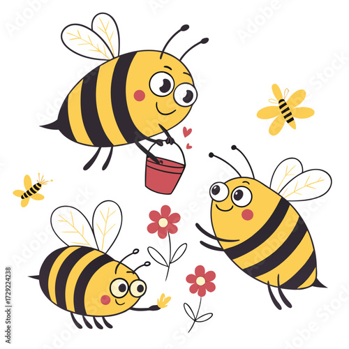 Three cheerful cartoon bees with wings and antennae flying around flowers and a bucket
