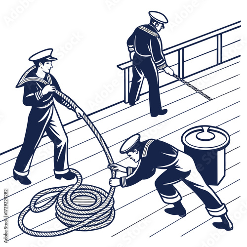 Three sailors in uniform working together on a ship deck with ropes and a capstan
