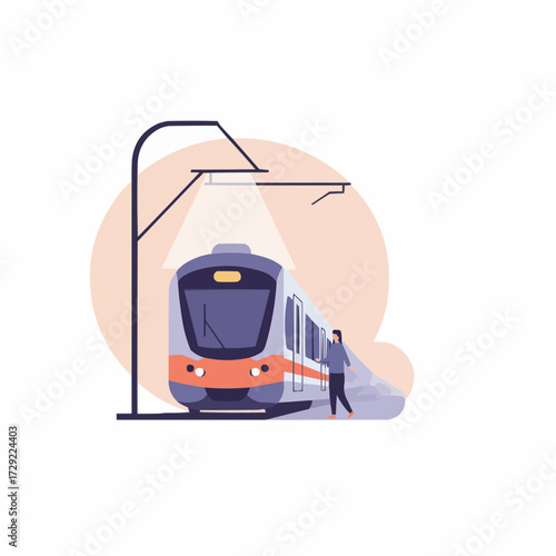 Train arriving at station with passenger waiting on platform  
