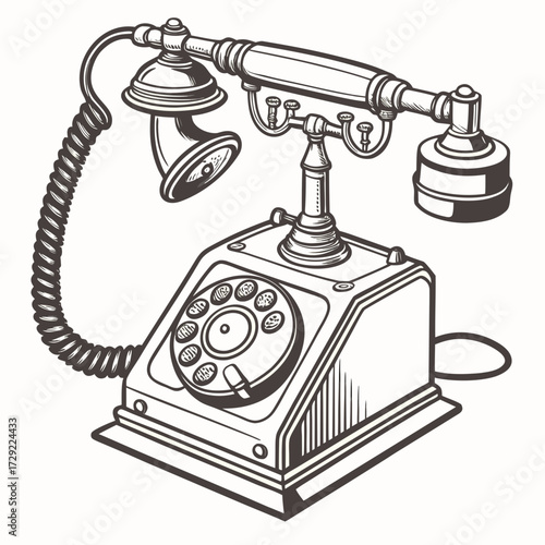 Vintage rotary dial telephone with a coiled cord and classic handset in a detailed line art illustration