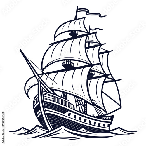 Vintage tall ship sailing on wavy ocean waters under full sails nautical illustration