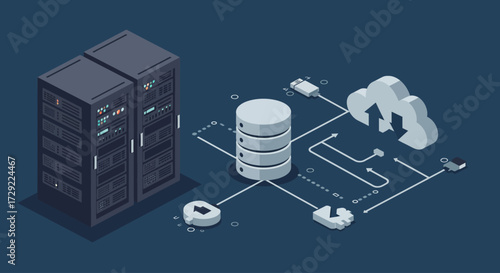 A crisp flat design illustration presenting a collection of essential icons for data centers and cloud computing services. This visual concept embodies the digital infrastructure and storage solutions
