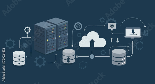 A crisp flat design illustration presenting a collection of essential icons for data centers and cloud computing services. This visual concept embodies the digital infrastructure and storage solutions