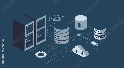 A crisp flat design illustration presenting a collection of essential icons for data centers and cloud computing services. This visual concept embodies the digital infrastructure and storage solutions