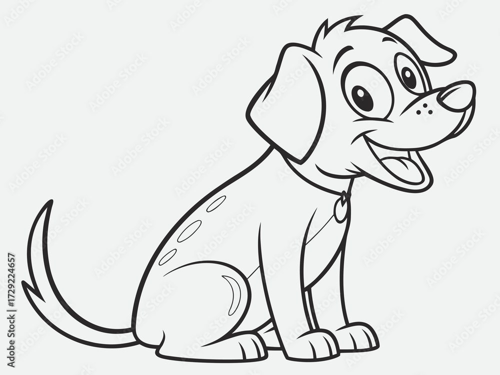 Obraz premium Cartoon dog sitting with tongue out wagging tail outlined vector illustrationline art illustration for a children's coloring book
