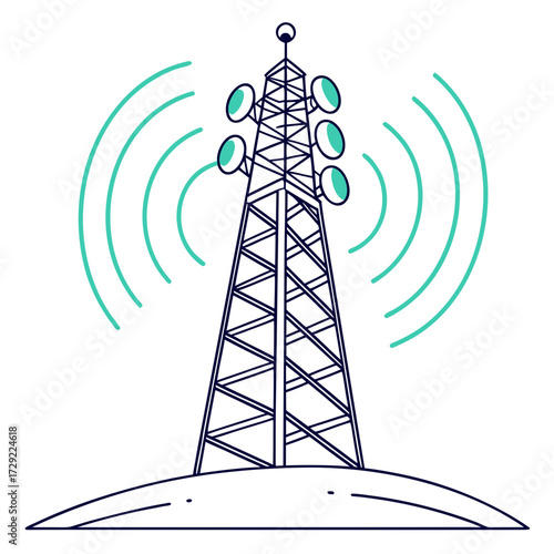 Communication tower broadcasting wireless signals across a landscape with a minimalist line art style