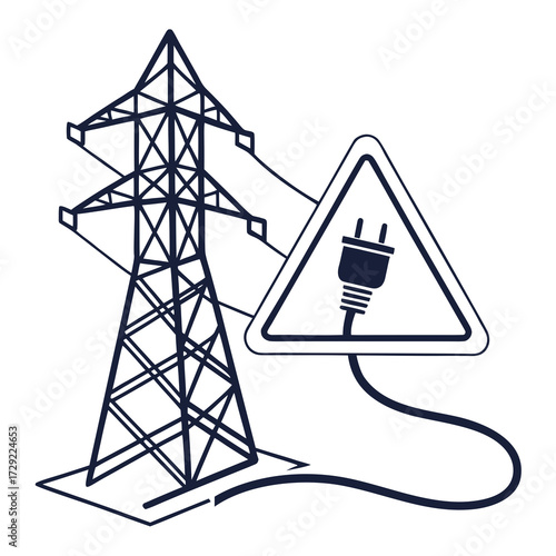 Electrical power pylon with a hazard warning sign featuring an electric plug symbol and cord