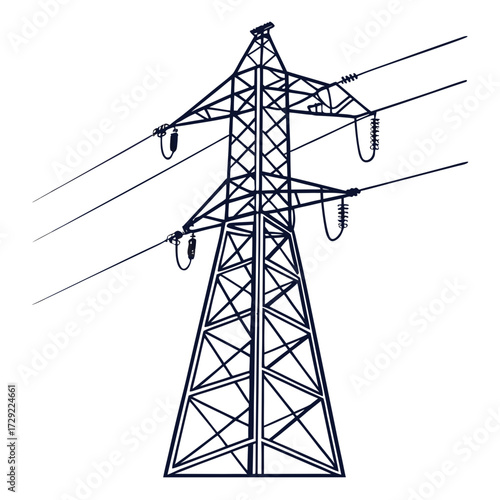 High voltage electricity pylon with power lines against a white background in a graphic style